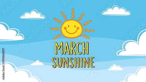 Cartoon Style March Sunshine Text Design with Cheerful Yellow Sun Illustration.