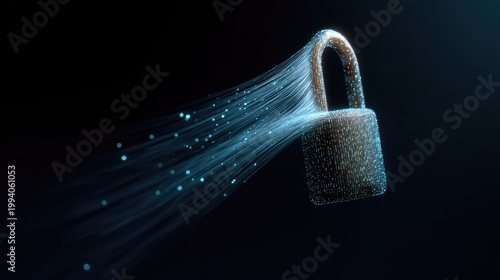 Digital representation of a padlock with flowing data streams, symbolizing cybersecurity, protection, technology, and encryption in modern digital space