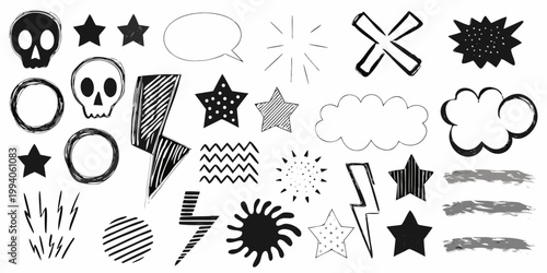 Collection of hand drawn black and white doodles and graphic elements