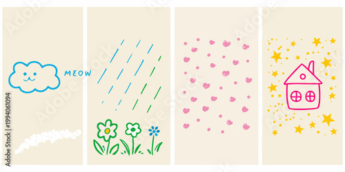 Four vertically arranged panels with simple colorful doodle illustrations