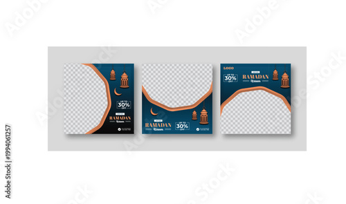 Ramadan sale social media post template with up to 30% off discount, modern islamic background for advertisement, special offer for big sale marketing.