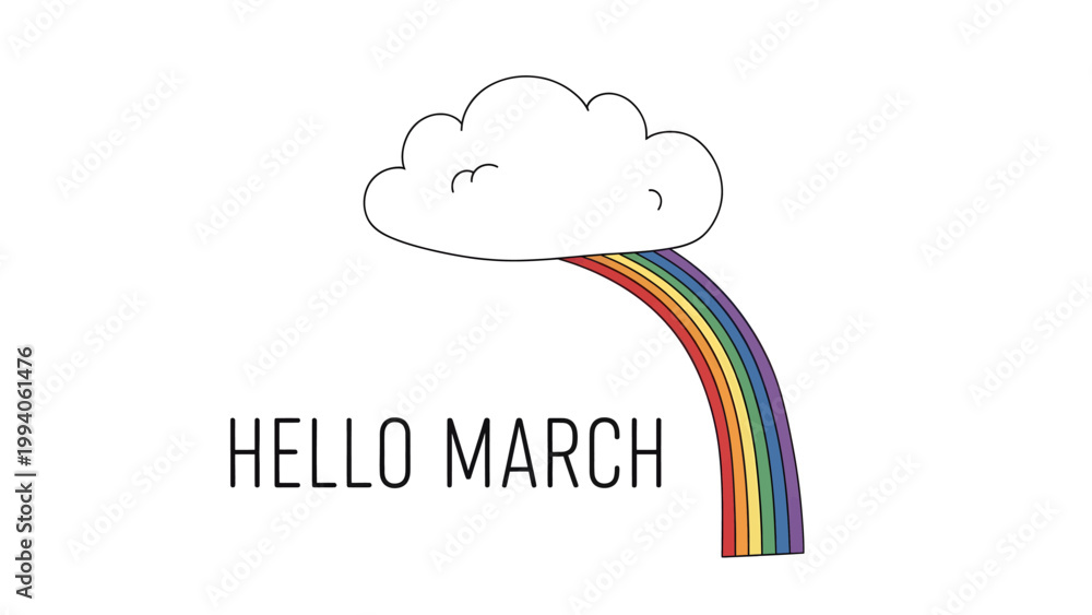 Fototapeta premium Hand drawn illustration with a cute cloud and colorful rainbow and Hello March text.