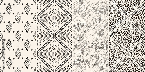Four panels of hand drawn monochrome geometric and organic patterns