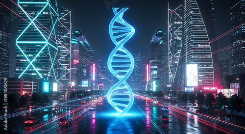 Abstract DNA Double Helix and Microscopic Human Cells Background, Abstract representation of a glowing DNA double helix structure