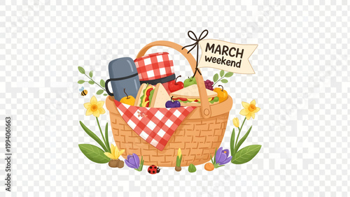 Wicker Picnic Basket Filled with Sandwiches and Drinks for a March Weekend.