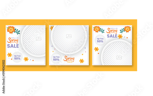 Social media post template collection for spring sale event featuring floral ornaments with orange flowers and leaves and round image placeholders on yellow background for product promotion.