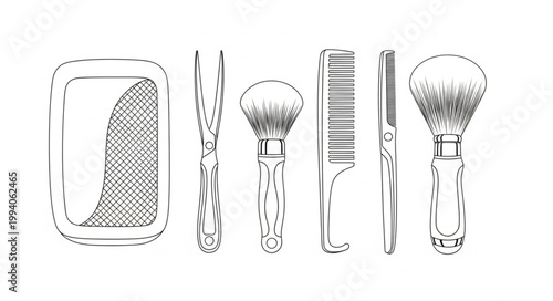Collection of makeup brushes and comb in sketch style.