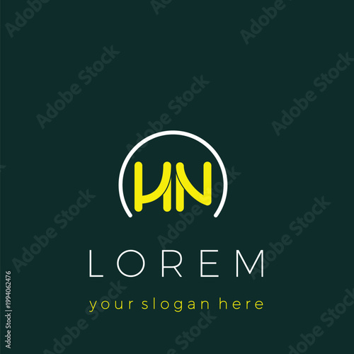 A monogram design of the initials HN logo decorated or framed by an almost circular line, a modern logo template.