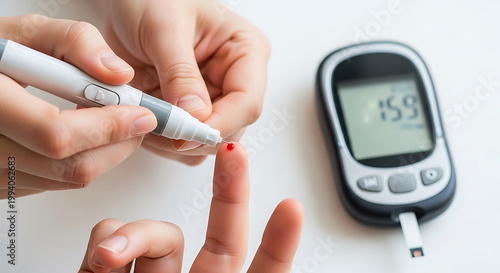 Person using lancet pen to draw blood drop from finger for glucose meter image