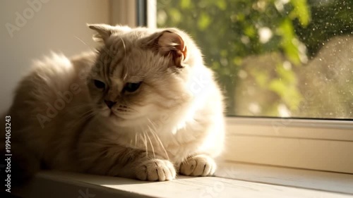 A serene beige cat lying on a windowsill with greenery outside the window in a warm and cozy atmosphere.