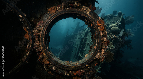 Underwater shipwreck seen through a porthole encrusted with vibrant coral reef
