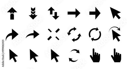 Collection of various arrow and cursor icons in black.