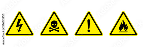 Yellow warning signs collection, set of 4 industrial hazard icons, safety alert symbols for high voltage, toxic poison, exclamation, and fire risk