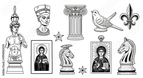 Collection of Ancient Statues and Symbols.