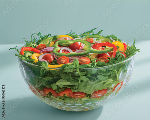 Fresh, colorful vegetable salad in a clear glass bowl on a light blue background.