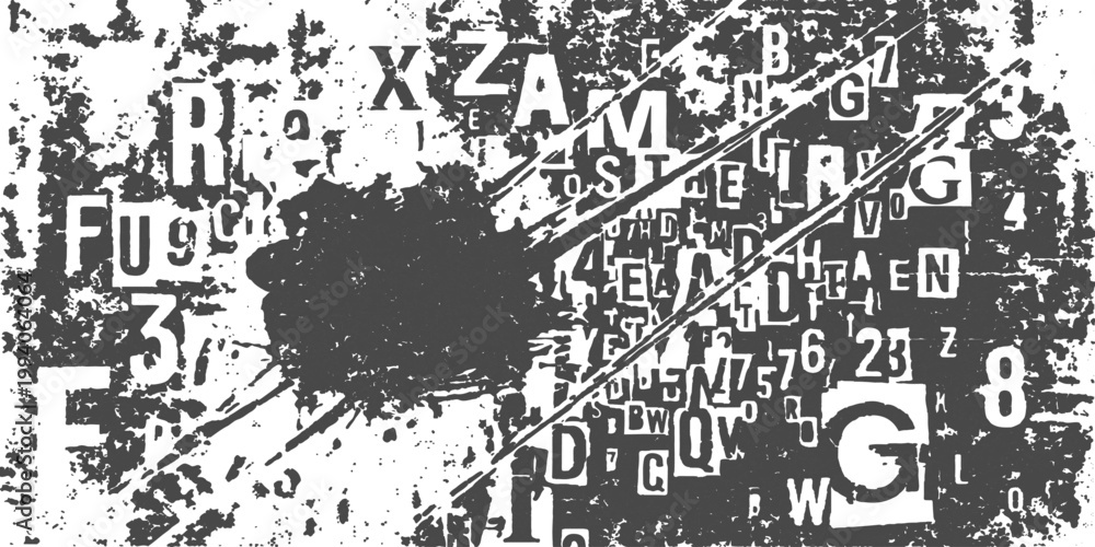 Fototapeta premium Textual Tapestry: A collage of scattered letters and numbers and abstract strokes. A stark black and white composition.