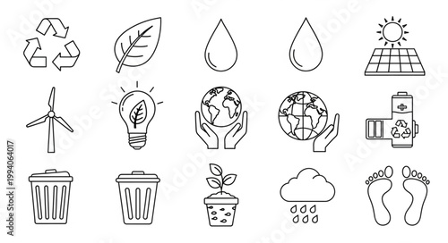 Collection of environmental icons and symbols for sustainability and ecology.