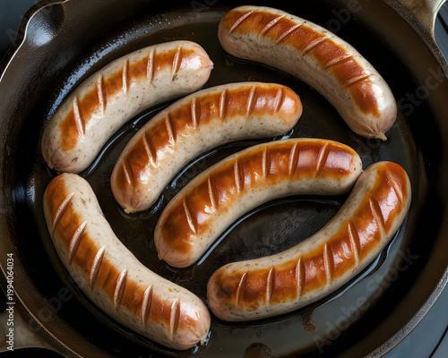 Six grilled sausages sizzling in a cast iron skillet with grill marks.