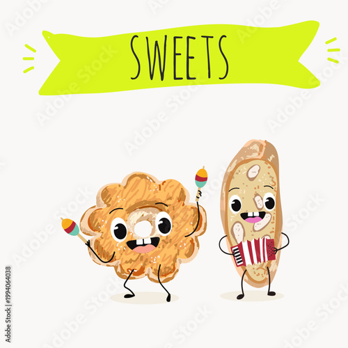 Funny Characters cantucci, canestrelli, italy dessert, hand drawn vector illustration.