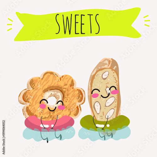 Funny Characters cantucci, canestrelli, italy dessert, hand drawn vector illustration.