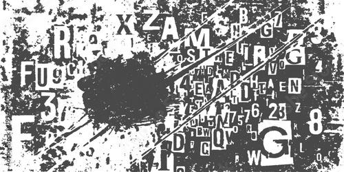 Textual Tapestry: A collage of scattered letters and numbers and abstract strokes. A stark black and white composition.