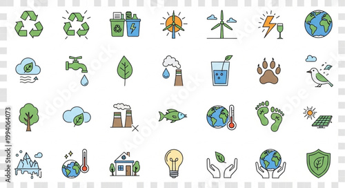 Collection of environmental icons representing eco friendly concepts.