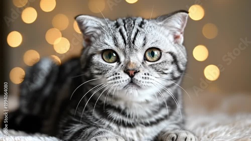 Close-up portrait of a gray tabby cat lying on a textured surface with warm bokeh lights in the background, conveying a cozy atmosphere.