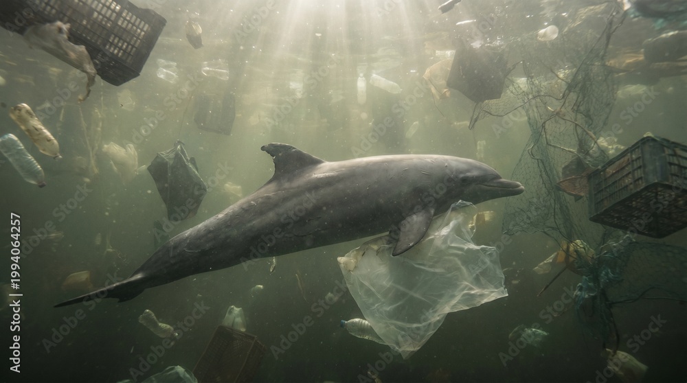 Fototapeta premium Dolphin swimming amidst ocean pollution with plastic debris