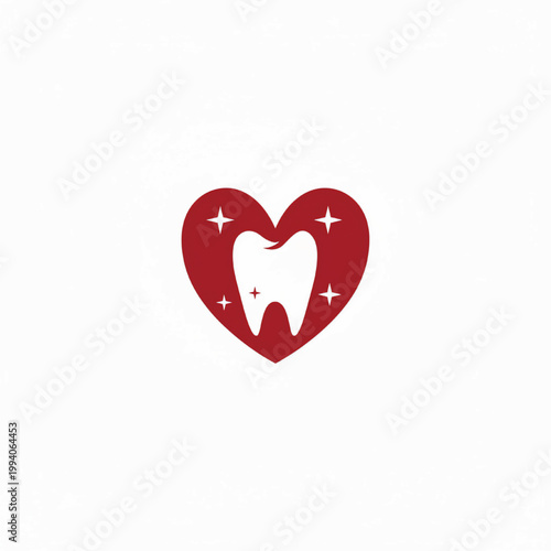 Heart tooth icon with red shading and star sparkles for dental care and clean smile symbolism featuring dentist, oral health, sparkle stars with