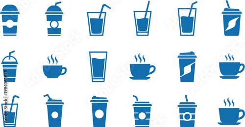 Collection of blue icons representing various drinks, including coffee cups, tea mugs, and to-go beverage containers.