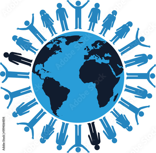 Global community concept with diverse human figures standing around earth globe representing international unity.