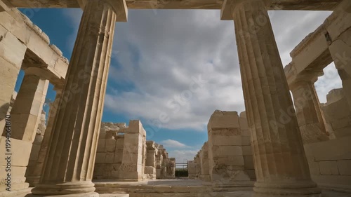 Ancient Greek temple columns stand under a cloudy blue sky in ruins landscape