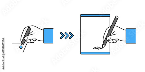 紙へ印鑑を押す契約からタブレットへの電子サインに移行するイメージイラスト
