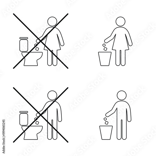 Vector set of waste disposal icons with correct and incorrect behavior. Includes no trash in toilet symbol and person throwing waste into bin. Perfect for infographics, UI UX, educational materials, s