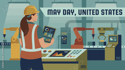May Day United States Illustration with Female Factory Worker
