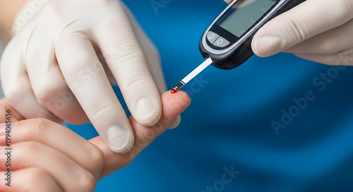 Person wearing white gloves uses glucose meter on finger with blood drop image
