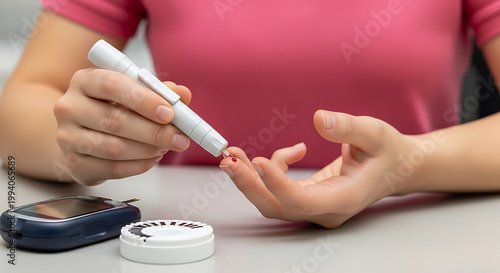Person using lancet to prick finger for blood glucose test meter