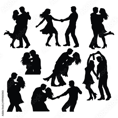 Happy Couple Dancing Silhouettes – Romantic Vector Collection