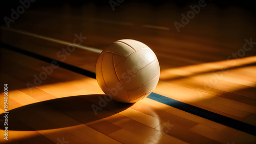 Volleyball on a polished wooden court with dramatic sunlight and shadows