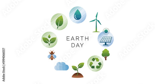 Against a clean white backdrop, a circular Earth Day illustration features nature conservation symbols, promoting environmental awareness and a sustainable lifestyle with a go green concept