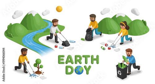 A colorful vector illustration promoting Earth Day and environmental awareness, featuring people cleaning up trash around a bright green landscape with mountains and a river, embodying