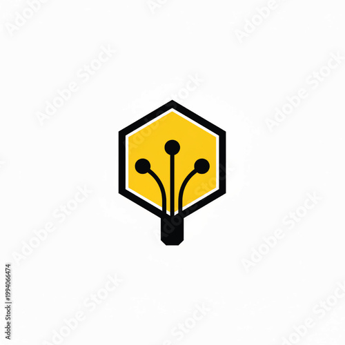 Hexagon logo icon with three connected network nodes in yellow and black style for branding and tech apps