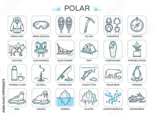 A comprehensive collection of blue and charcoal line art icons illustrating polar exploration equipment and arctic wildlife arranged in a clean grid