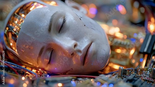 A serene portrait of a robotic face resting amidst complex circuitry, conveying a sense of peaceful contemplation and the future of technology.