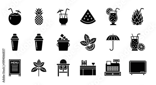 A grid of blackandwhite icons representing tropical drinks fruit and bar equipment