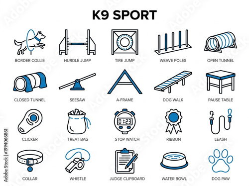 Comprehensive collection of grey and blue line art K9 sport icons featuring professional agility course obstacles and essential dog training equipment on a white background