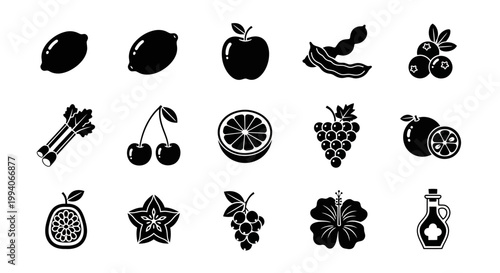 A grid of fifteen black silhouette icons depicting various fruits produce and a bottle