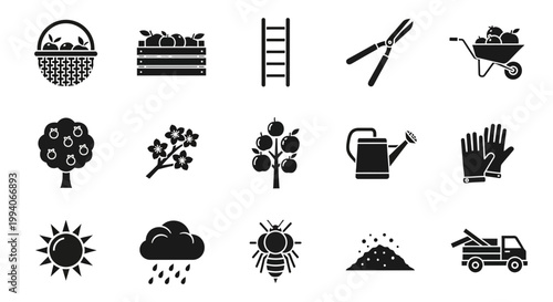 Black and white icons depicting apple orchard activities and elements