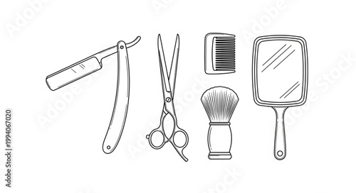 Vintage Barber Tools Illustration Straight Razor Scissors Brush Mirror.
