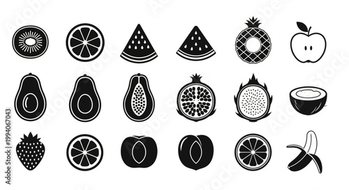 Black and white icons of various fruits arranged in three rows